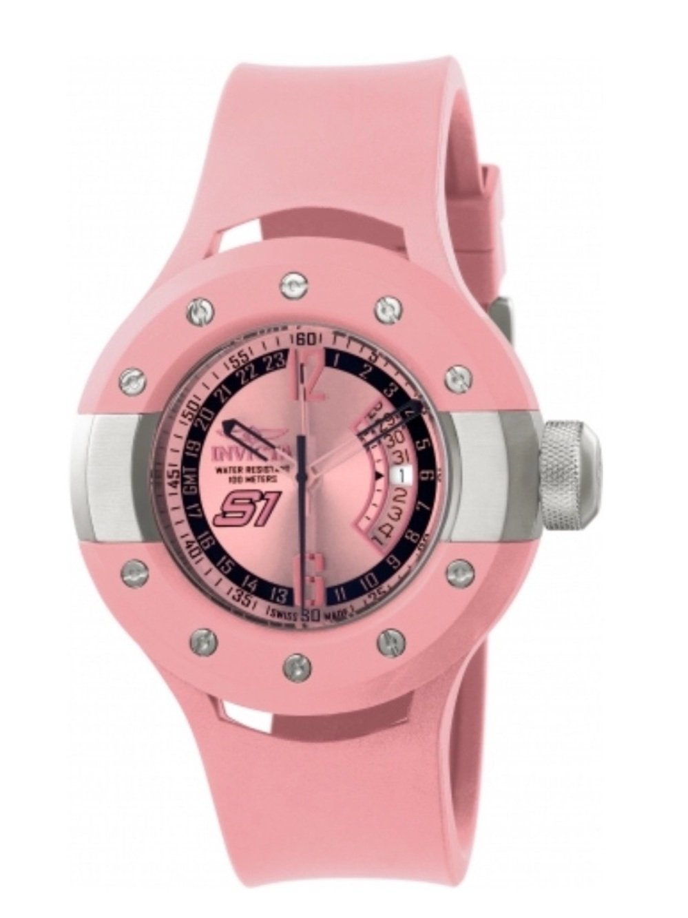 Invicta 1367 S1 Rally Swiss GMT Silver Dial Pink Polyurethane 52mm Watch NWOT